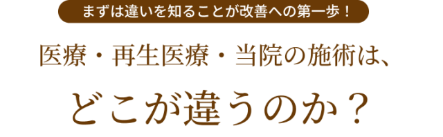 まずは違いを知ることが改善への第一歩！医療・再生医療・当院の施術は、 どこが違うのか？